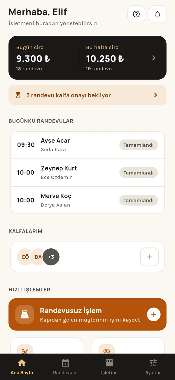 Mira Hair Studio'nun Makkas ana sayfası: bugünkü ciro, onay bekleyen randevular ve günün randevuları.