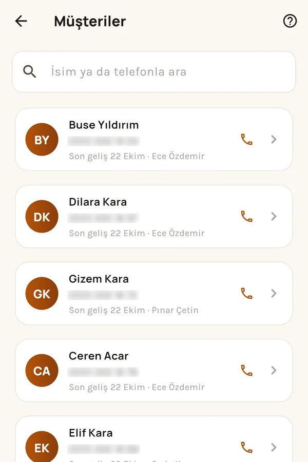 Salonun müşteri listesi: son geliş tarihi ve hizmet veren kalfa.