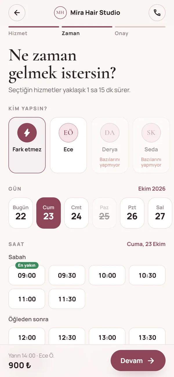 Kadın kuaförünün randevu sayfası, zarif görünümde.