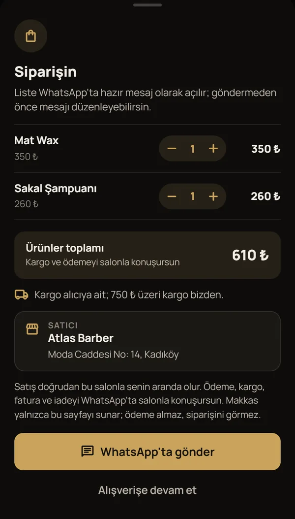 Salon sitesinden verilen ürün siparişi: ürünler, toplam ve WhatsApp'ta gönder düğmesi.