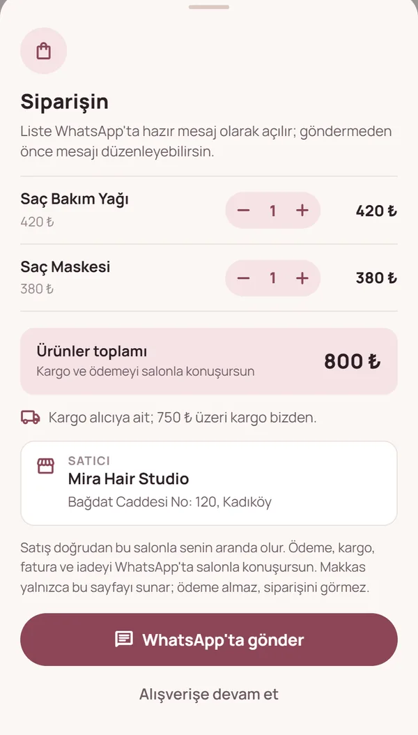 Sipariş özeti: seçilen ürünler, toplam ve WhatsApp'ta gönder düğmesi.