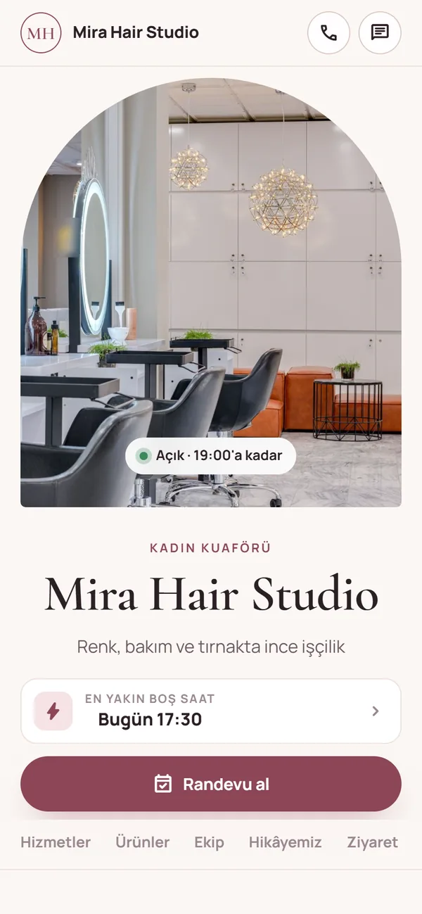 Kadın kuaförünün web sitesi, zarif görünümde.