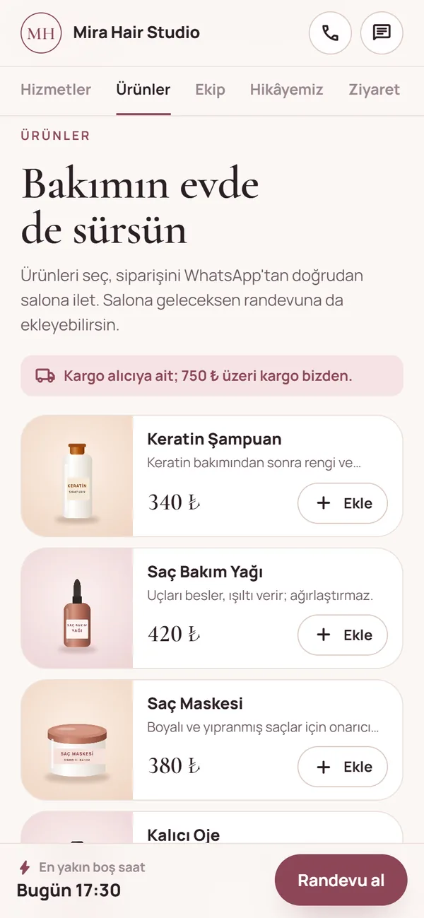 Salon sitesinde ürünler: fotoğraf, açıklama, fiyat ve Ekle düğmesi.